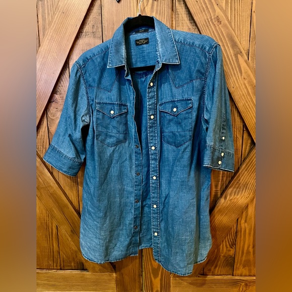 BLUE DENIM ALL SAINTS LINEN SHIRT - Picture 2 of 11